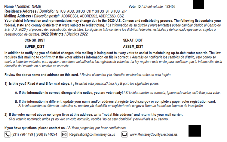 Pre-Election Residency Card Side 2