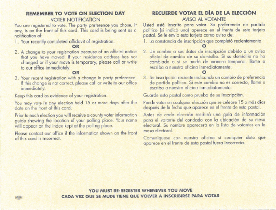 Tarjeta de notificación del elector - lado 2